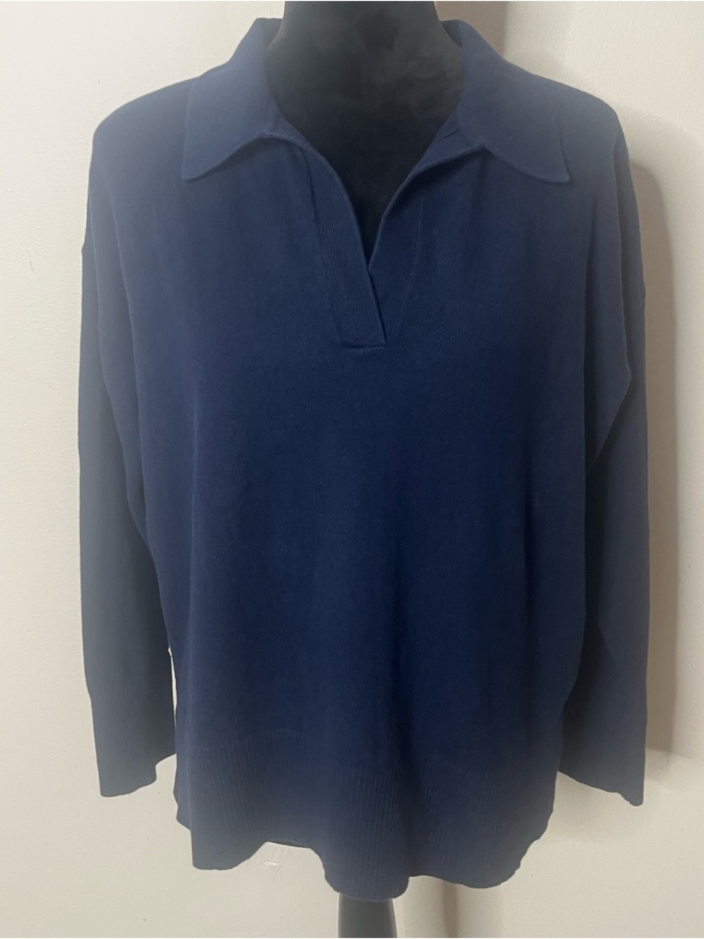 L.L. Bean‎ Women’s Navy Blue Split V Cotton Cashmere Knit Pullover Sweater Sz L
